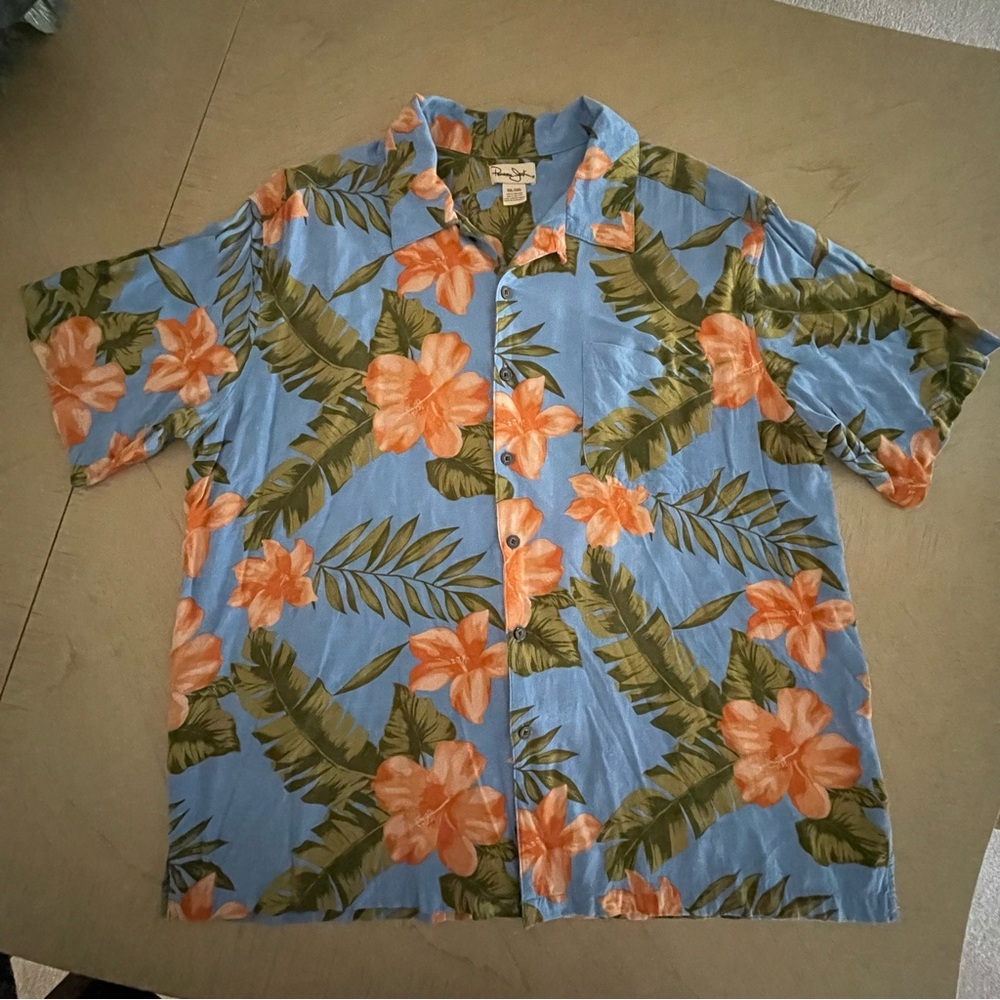 Panama Jack Hawaiian Shirt Men’s 2XL Blue Orange Hibiscus Rayon Camp Shirt